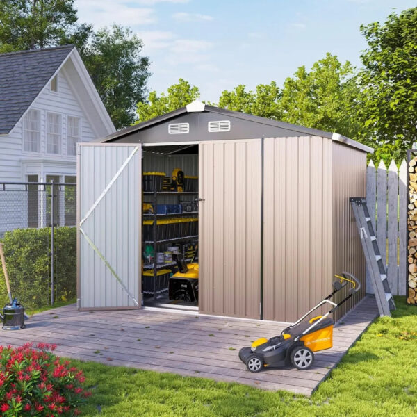 Outdoor Storage Shed with Base, Outdoor Tool Storage Shed, Outside Lawn Mower Storage, Garden Metal Shed for Bike,