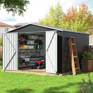 10x10FT Outdoor Metal Storage Shed with Sturdy Frame & Lockable Door, Gray