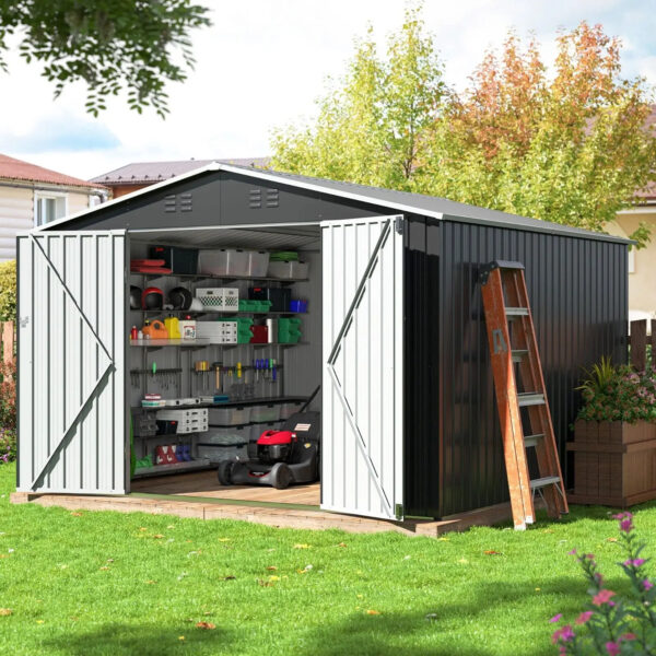 10x10FT Outdoor Metal Storage Shed with Sturdy Frame & Lockable Door, Gray