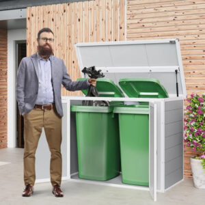 41 Cu.Ft Horizontal Storage Shed Outdoor, Weatherproof Resin Storage Shed Gas Spring, Lockable Doors for Trash Can Storage Tools
