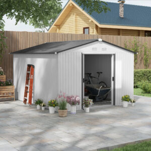 11&apos; X 9&apos; Steel Outdoor Utility Storage Tool Shed Kit for Backyard Garden, Silver