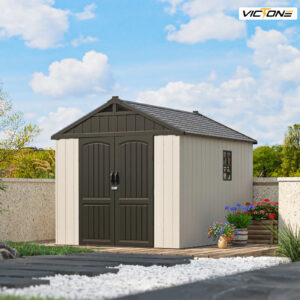 Victone 8&apos; X 10&apos; Plastic Outdoor Storage Shed with Floor, Resin shed With Window And Lockable Door For Garden, Backyard, Beige