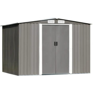 8 X 6FT Outdoor Storage Shed Patio Grey Metal Shed With Sliding Door Garden Storage With Pent Roof Lawn Sheds Waterproof House