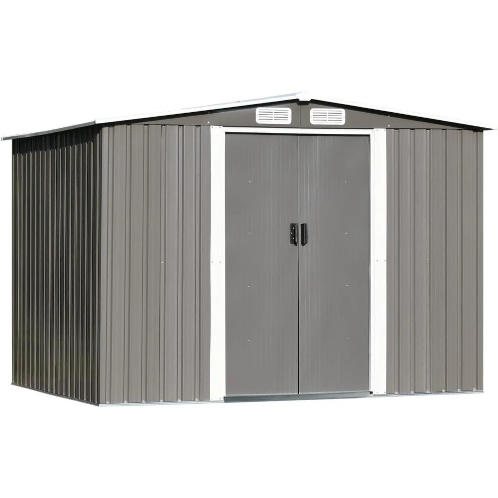 8 X 6FT Outdoor Storage Shed Patio Grey Metal Shed With Sliding Door Garden Storage With Pent Roof Lawn Sheds Waterproof House