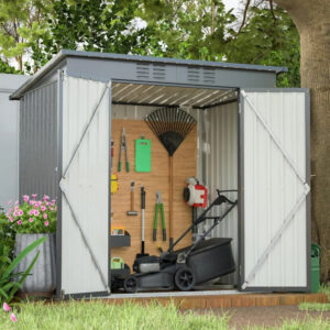 6x4 FT Outdoor Storage Shed with Lockable Double Doors, Aluminum Frame, Weatherproof with Frame Floor,Metal Tool Shed for Garden