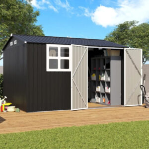 10 x 8 FT Outdoor Storage Shed, Large Galvanized Steel Metal Garden Sheds with Window, Lockable Double Door, Outdoor Tool Shed