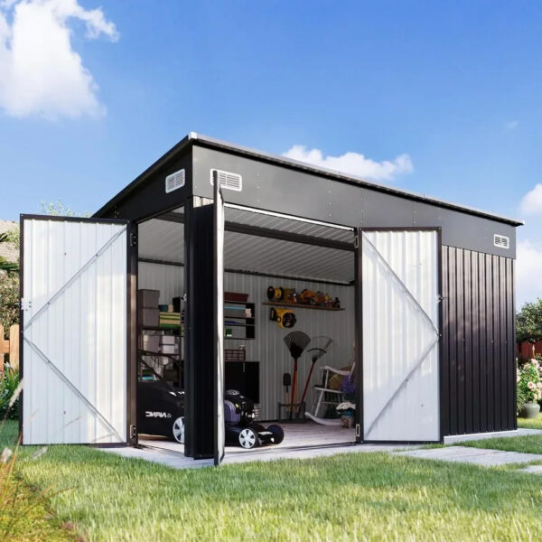 11.5’x7.5’ Shed Outdoor Storage Shed Triple Lockable Door Metal Storage Cabinet with Slopping Roof for Tools Bicycles Storage