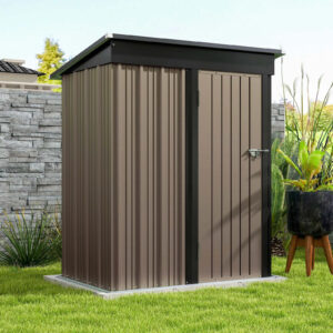 5x3 FT Outdoor Storage Shed, Tool Shed with Sloping Roof and Lockable Door, Metal Shed for Backyard Garden Patio Lawn, Brown