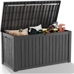 150 Gallon Outdoor Storage Box, Large Waterproof Deck Box, Lockable Resin Storage Container with Reinforced Support for Patio