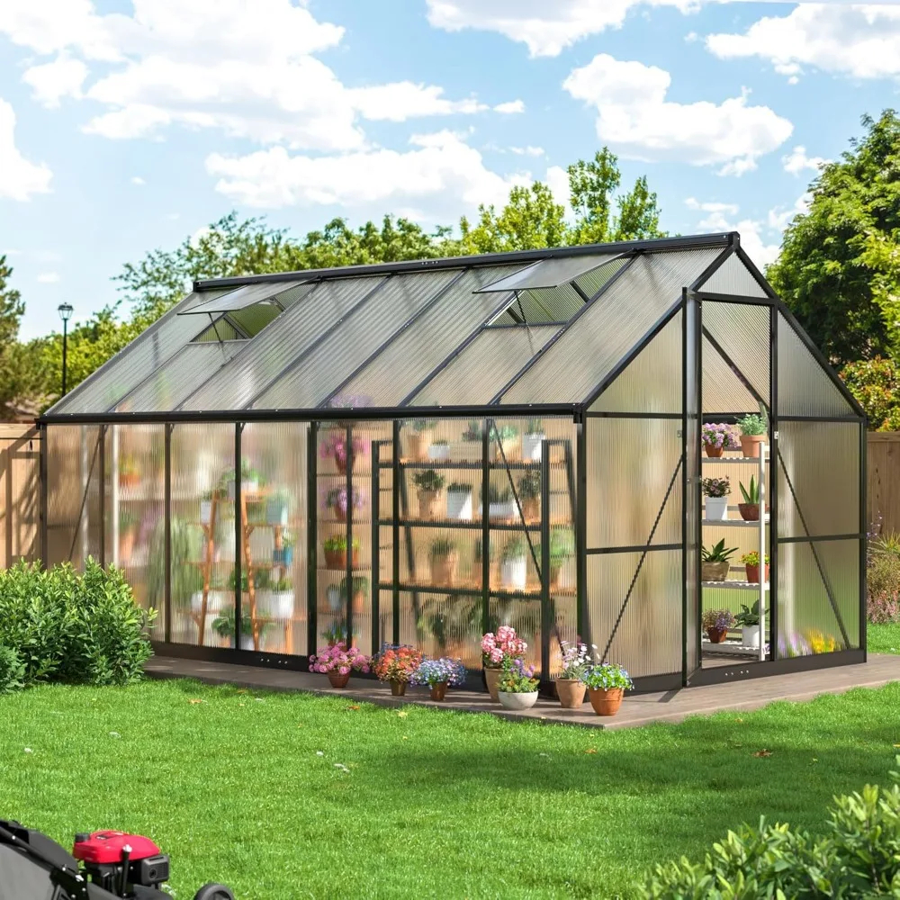 8x14 FT Greenhouse for Outdoors, Quick Setup Polycarbonate GreenhouseS with Roof Vent, Aluminum Large Walk-in Greenhouse
