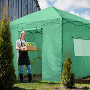 10x10 Portable Walk-In Greenhouse, Pop-Up Indoor and Outdoor Garden Greenhouse, Zipper Doors and Windows, PE Cover, Green
