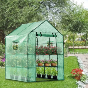 Mini Walk in Green House with Window and Anchor, Plant Garden Hot House 2 Tiers 8 Shelves,4.7 x 4.7 x 6.4 FT