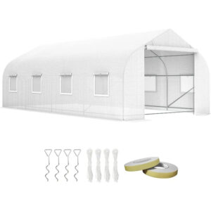 Outdoor Walk-in Greenhouse, Tunnel Green House with Roll-up Windows, Zippered Door, PE Cover, White