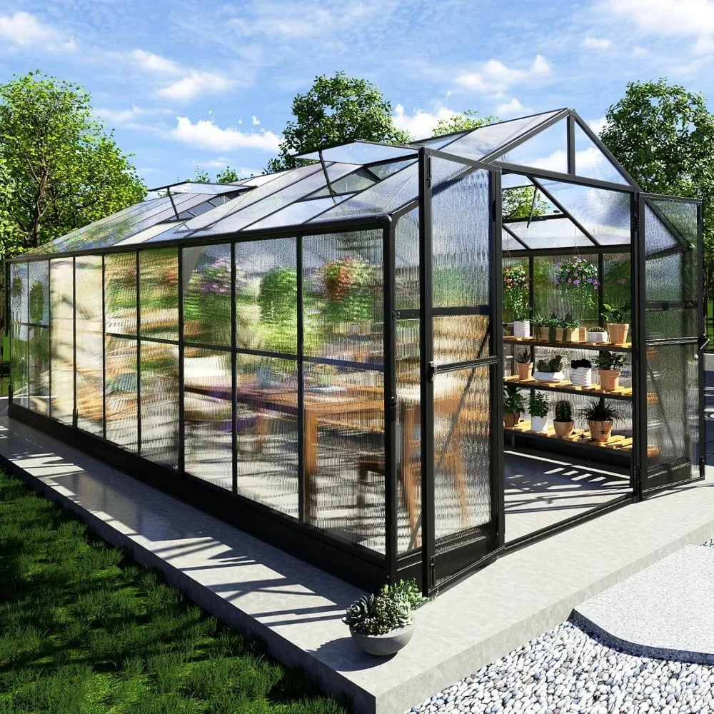 8x18x7FT Polycarbonate Greenhouse, Walk in Greenhouse with Quick-Connect System, Green House with 4 Windows