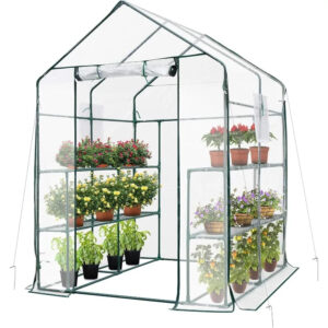 Transparent Mini Walk-in Green House with Window and Anchor, Plant Garden Hot House 2 Tiers 8 Shelves,